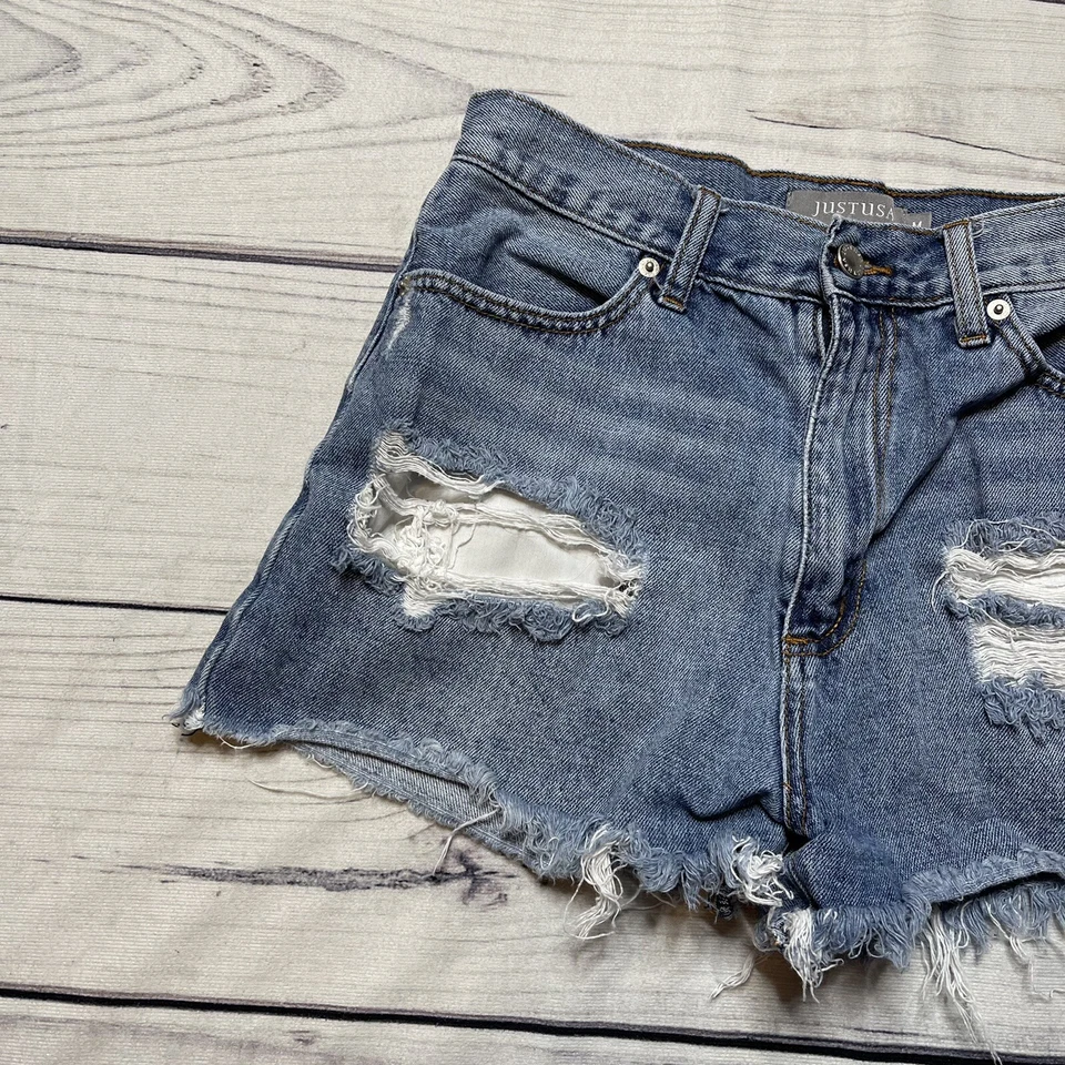 Pantalones Cortos de Jean Just USA Corte Desgastado Deshilachado Dobladillo Crudo Para Mujer Talla Mediana Denim Foto 2 de 4