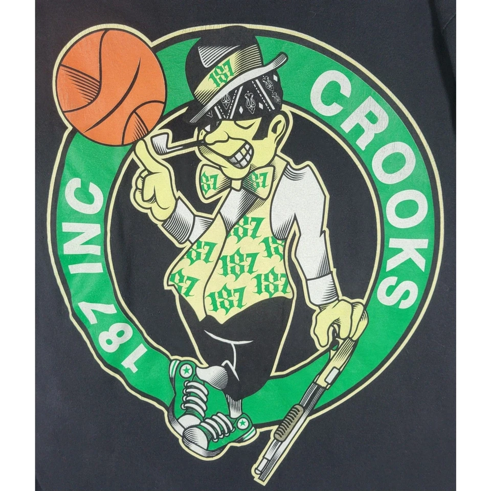 187 INC Boston Celtics Crooks Basketball Swag Hustlers Mens L Black T-Shirt - Image 3 of 4