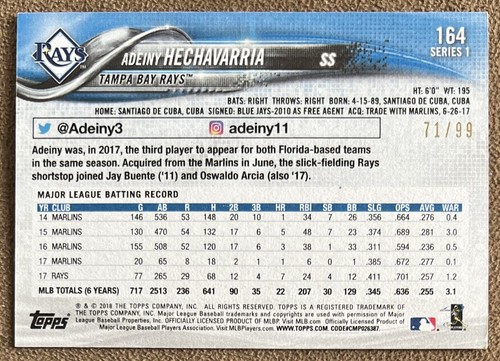 Adeiny Hechavarri 2018 Topps Vintage Stock #164 /99 Numbered Parallel Tampa Rays - Picture 2 of 2