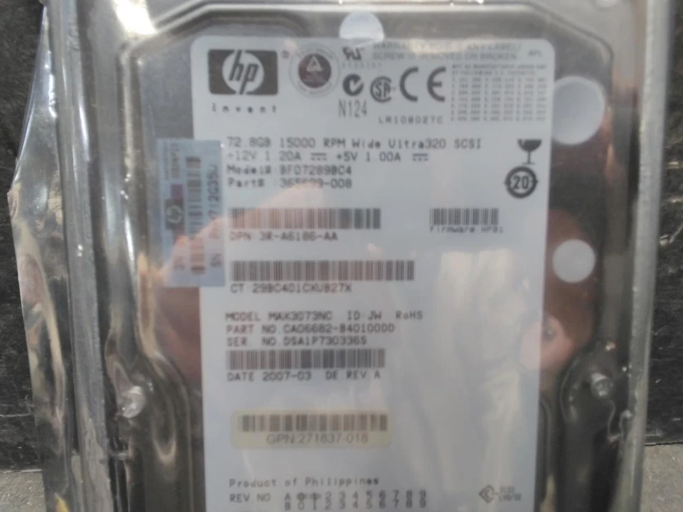 HP 72.8GB 15000RPM Wide Ultra SCSI Model: BF07289BC4 MAX3073NC (49.75-279-12.25) - Image 2 of 3
