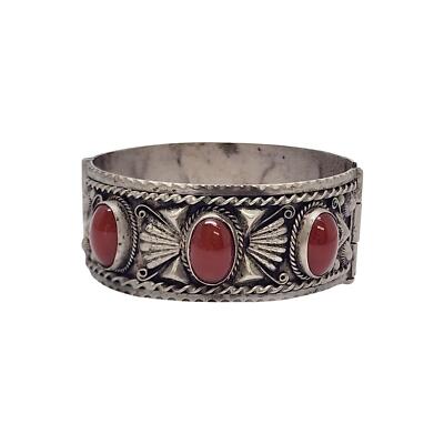 800 SIlver Carnelian Morrocan Berber Hinged Bangle Bracelet #17901