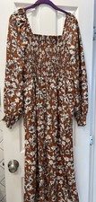 La Ligne x Target Floral Smocked Bodice Side Slit Brown Boho Midi Dress Size M