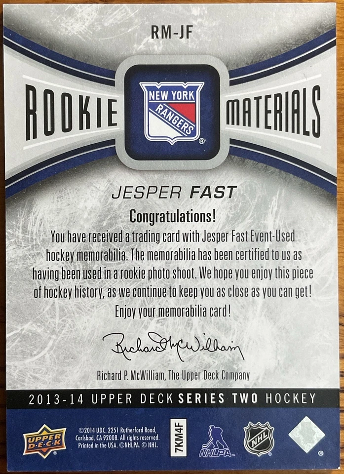 2013-14 Upper Deck Rookie Materials Jesper Fast #RM-JF New York Rangers - Image 2 of 2