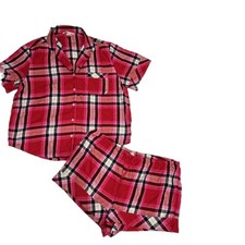 Victoria  s Secret Plaid Pajama Set Button Front Top  Shorts Red Pink Sz Large