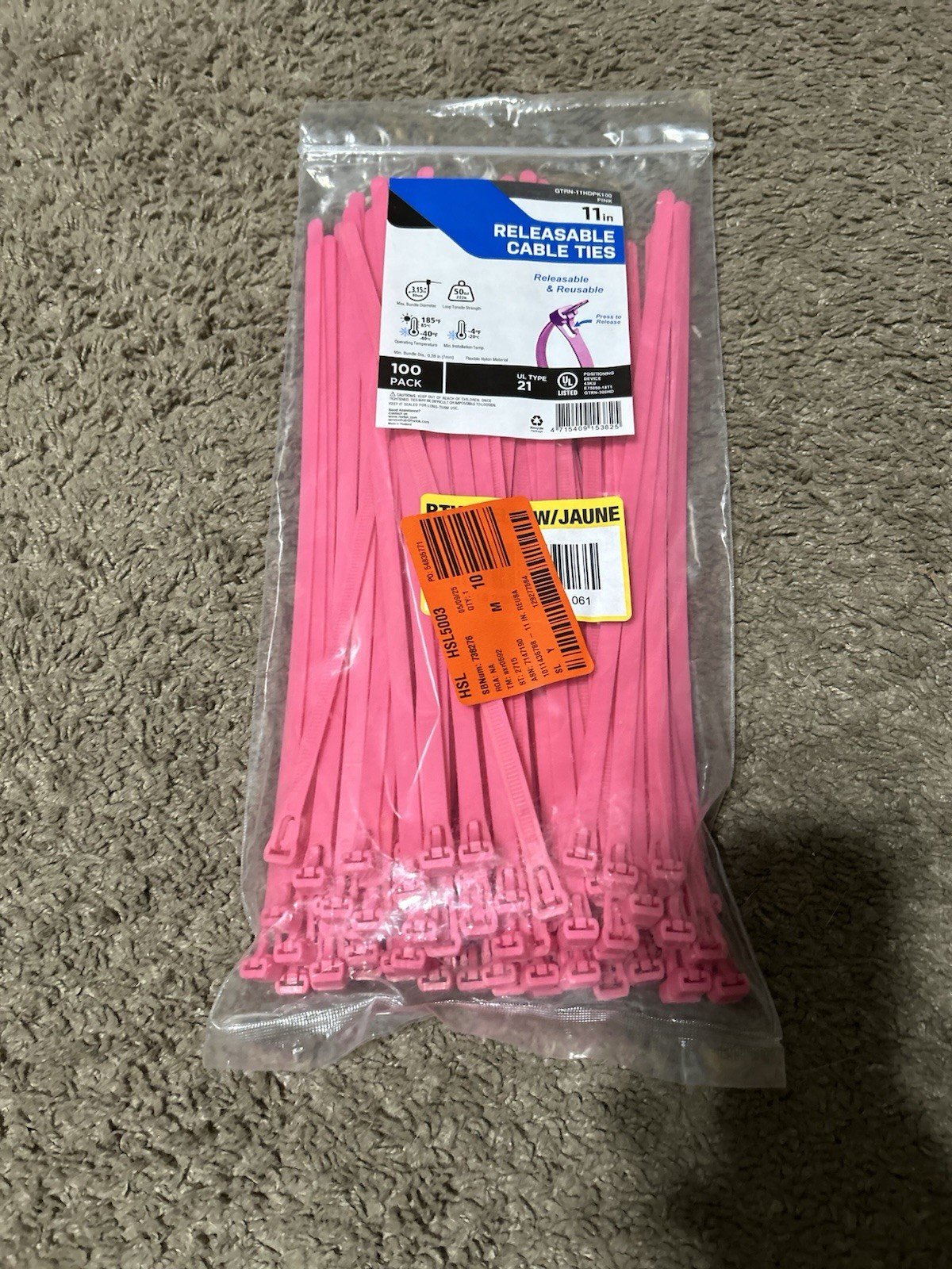 11-Inch Reusable Pink UL 21 Rated Cable Ties 100-Pack