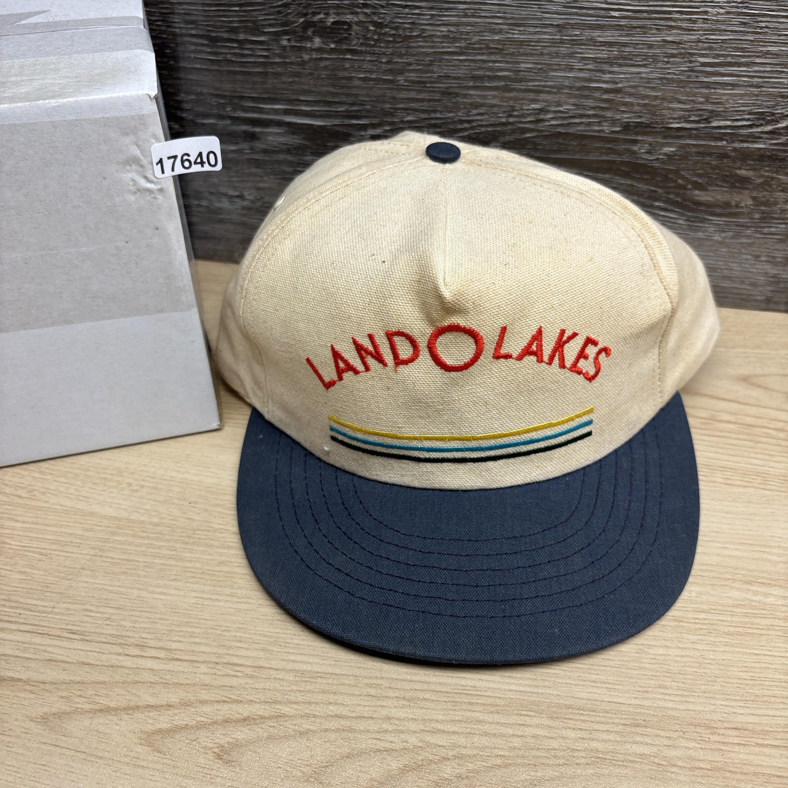 Vintage Land O Lakes Hat Cap Snap Back One Size Cream Blue Advertising Mens 80s