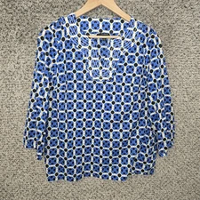 Talbots Top Womens Medium Blue Embroidered V Neck Tunic Sheer Casual Ladies