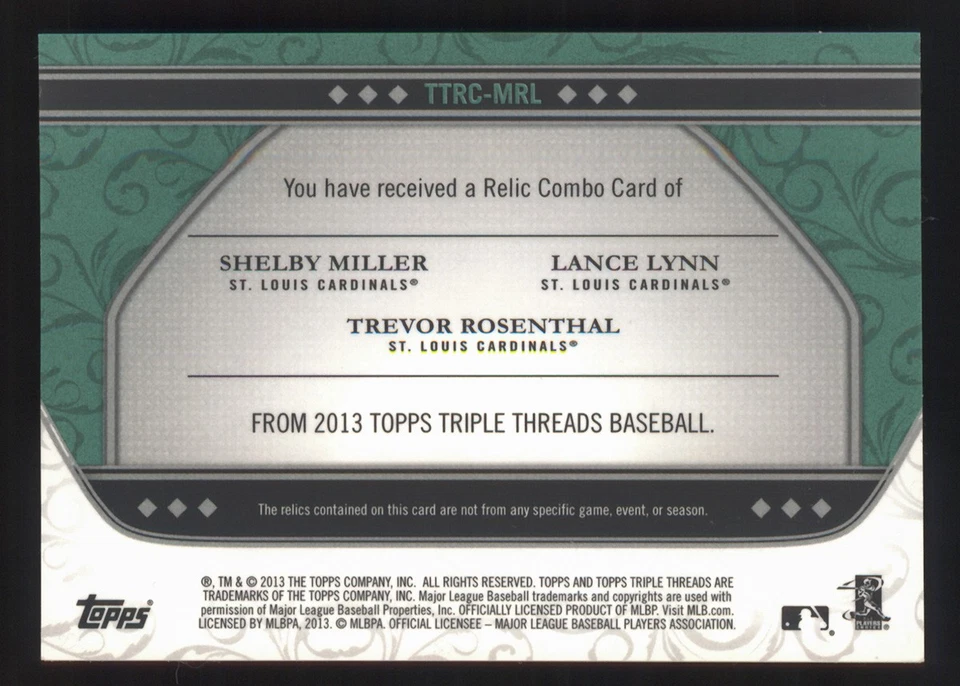 Topps Triple Threads 2013 #TTRC-MRL Lynn/Miller/Rosenthal/18 combos esmeralda Foto 2 de 2