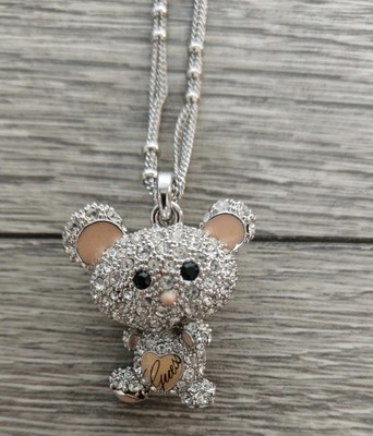 GUESS VINTAGE SWAROVSKI CRYSTAL TEDDY BEAR NECKLACE SILVER LONG CHAIN  STUNNING UK