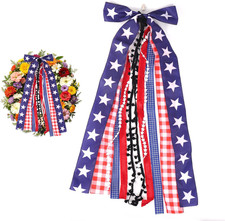 4Th of July Wreath for Front Door, 60X23Cm/23.62X9In Large Patriotic Ribbon Bow