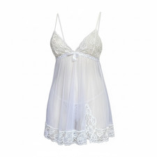 Frederick's of Hollywood Sheer w/ Lace Accents Babydoll Chemise Sz S White 158i