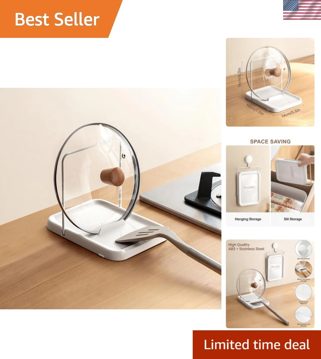 Pot Lid Holder, Lid and Spoon Rest Holder for Kitchen Counter, Foldable Pan L...