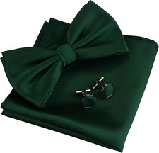 Mens Solid Color Double Fold Pre-tied Bow Tie and Pocket Square Cufflink Set wit