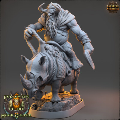 Giant Ogre Qaggercaz Trazbag Mount on Rhino - Daybreak Miniatures - Wargaming