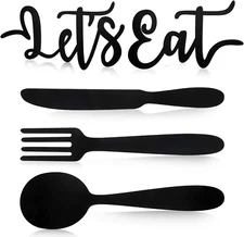 5 Pcs Let'S Eat Sign Kitchen Wall Decor Wooden Fork Spoon Knife Sign Rustic Cuto