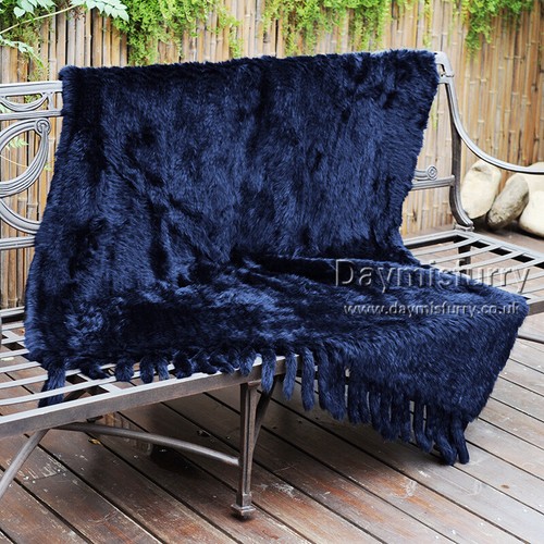 Knit Rabbit Fur Blanket Throw With Tassels 45"x 75", Real Fur Blanket