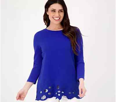 Attitudes by Renee Floral Embroidered Hem Top-Belle Blue-1X-NEW-A516247
