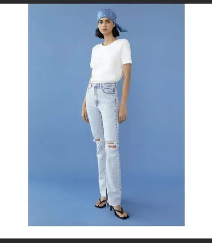 Zara Z1975 Ripped Slim Flare Jeans Size 6 Faded Blue | eBay