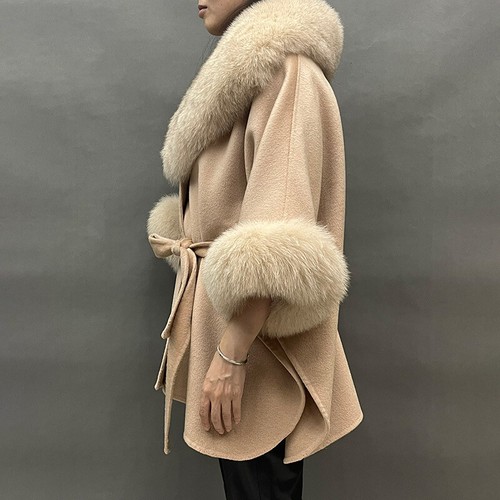 Poncho de lana para mujer cinturón cuello de piel de zorro real solapa puño de piel capa de lana abrigo - Imagen 3 de 22