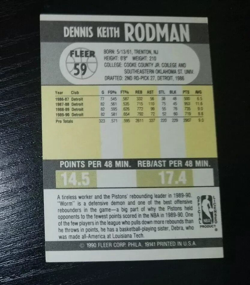 1990 Fleer Basketball Dennis Rodman Forward Card # 59 Mint, Original Pistons