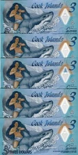 LOT Cook Islands, 5 x $3, 2021 Naked Ina & a shark, P-New Polymer AA-Prefix UNC