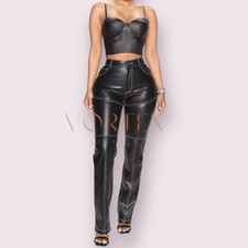 Women  s Genuine Lambskin Leather Pants   Black with White Stitching   Biker / LG