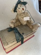 Vintage ARTIST Created DECOR Old Jointed BEAR on Antique BOOKS