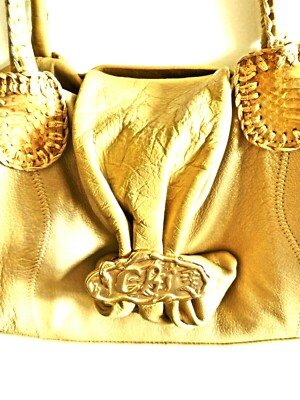 Chi By Falchi Hobo Shoulder Bag Pochette Beige Tan Metallic Gold Leather & Snake