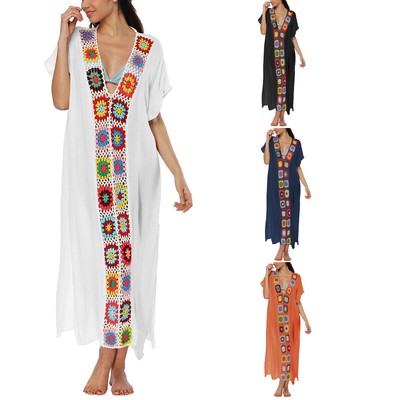 Women Crochet Swimsuit Cover Up Caftan V Neck Short Sleeve Beach Kaftan Coverups