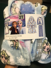 Disney Frozen Elsa Girl's Plush Hooded Robe  2 Piece Pajama Set Blue Size 2T