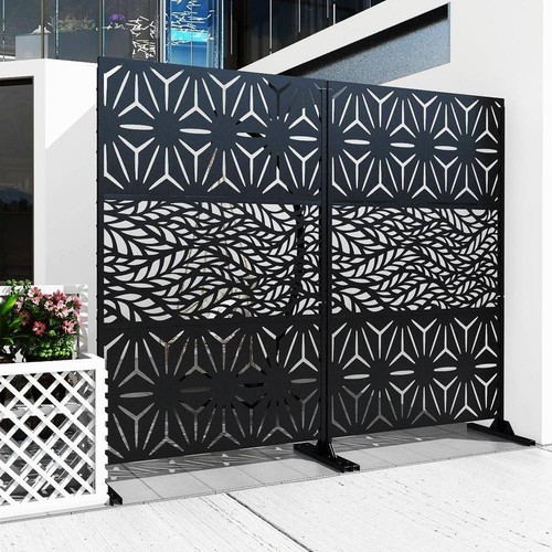 Uixe 76" Privacy Screen Panels Freestanding Galvanized Steel Outdoor in Black - Picture 7 of 7