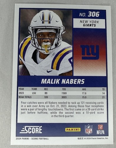 2024 Score Malik Nabers RC #306 - Picture 2 of 2