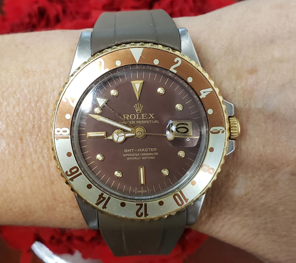1970 Vintage Rolex GMT-Master Steel 14k Gold Rootbeer Dot Nipple