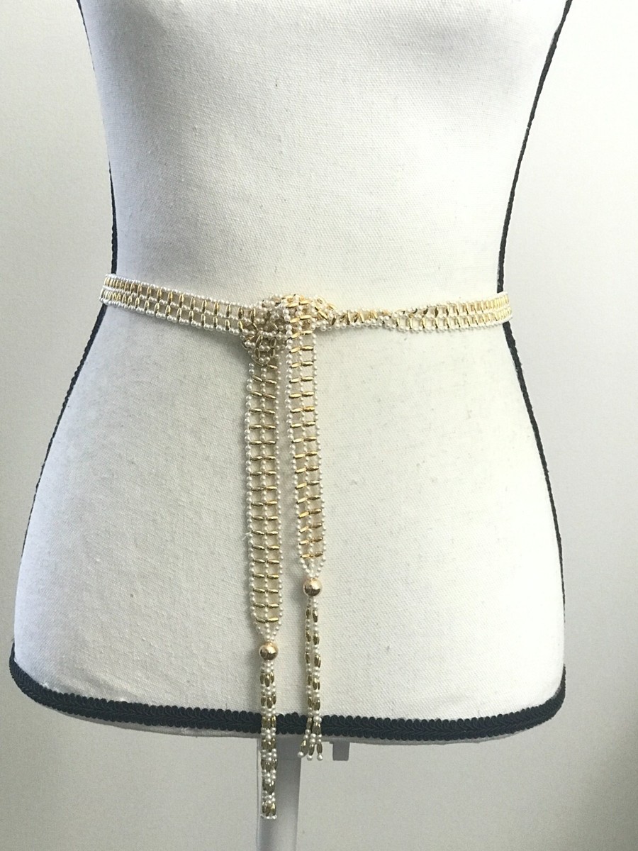 Women's Belt One Size White Gold Beaded Fringes Dress Classic Fashion Ladies