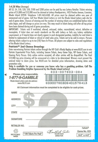 New England Patriots expired R.I. lottery scratch off ticket MINT UNSCRATCHED - Picture 2 of 3