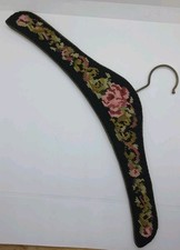 Vintage Handmade Crocheted/Knitted Wooden Hanger Black Felt Floral Pattern