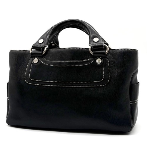 Celine Bucket Bag Leather Triomphe Black Women Used Authentic