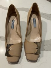 Prada Pumps Nude Beige Patent Leather Low-Heel Buckle Logo Shoes 35