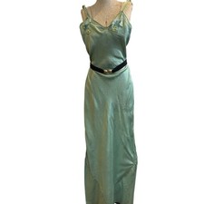 Vintage 30s Seafoam Silk Satin Slip Dress Bias Cut Lingerie Silk Rosettes