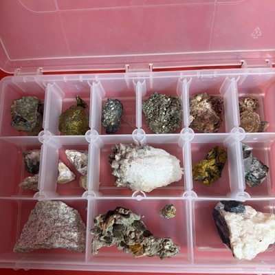 Mixed Mineral Rock Collection Lot w/ Organizer Box Quartz Pyrite etc