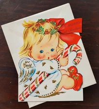 VTG 1950s Christmas Greeting Card "To Mommy" Juv Angel UNUSED 5"x6" Gold Emboss