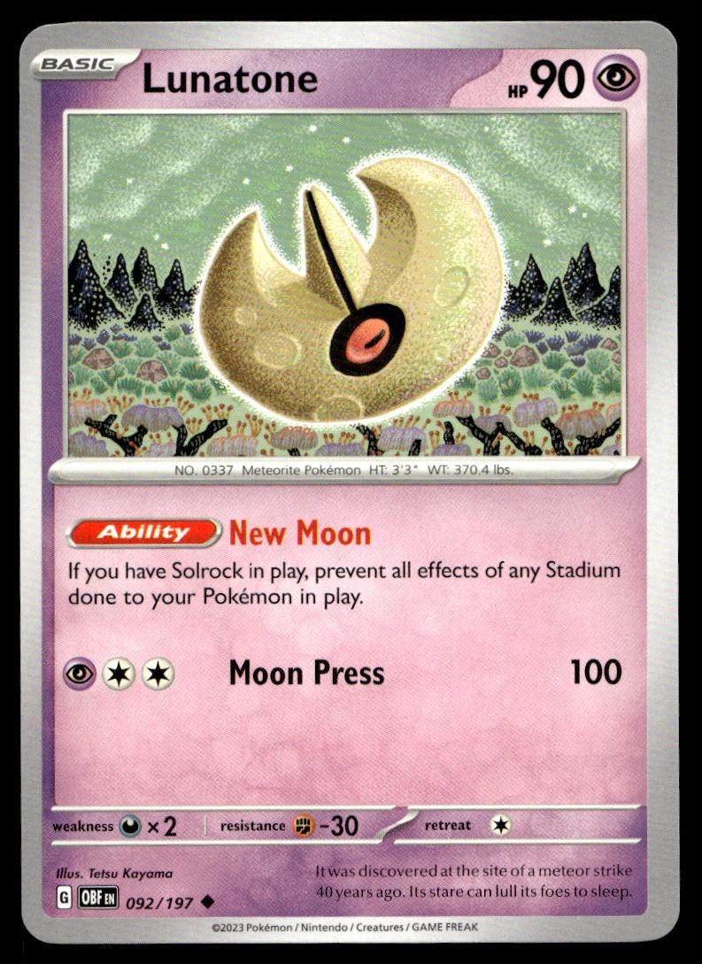 Lunatone 92/197 Pokemon Card Obsidian Flames Uncommon 90 HP Lightly Played MN