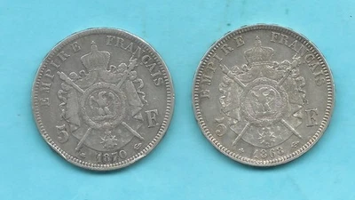 Napoléon III 2 écu de 5 francs argent 1868 BB Strasbourg et 1870 A paris - Photo 1/2