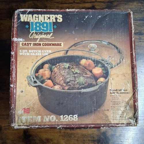 RARE Wagner’s 1891 Original Cast Iron 5qt. Dutch Oven w/ Glass Lid, Handle