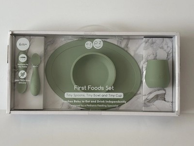 NEW EZPZ First Foods Eating Set Silicone Feed 4 Pcs Bowl Cup Spoons Sage Green