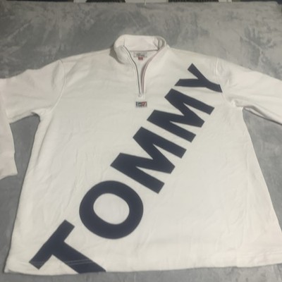 Tommy Hilfiger Denim Men's White Oversized Logo 1/4 Zip Pullover Sweatshirt