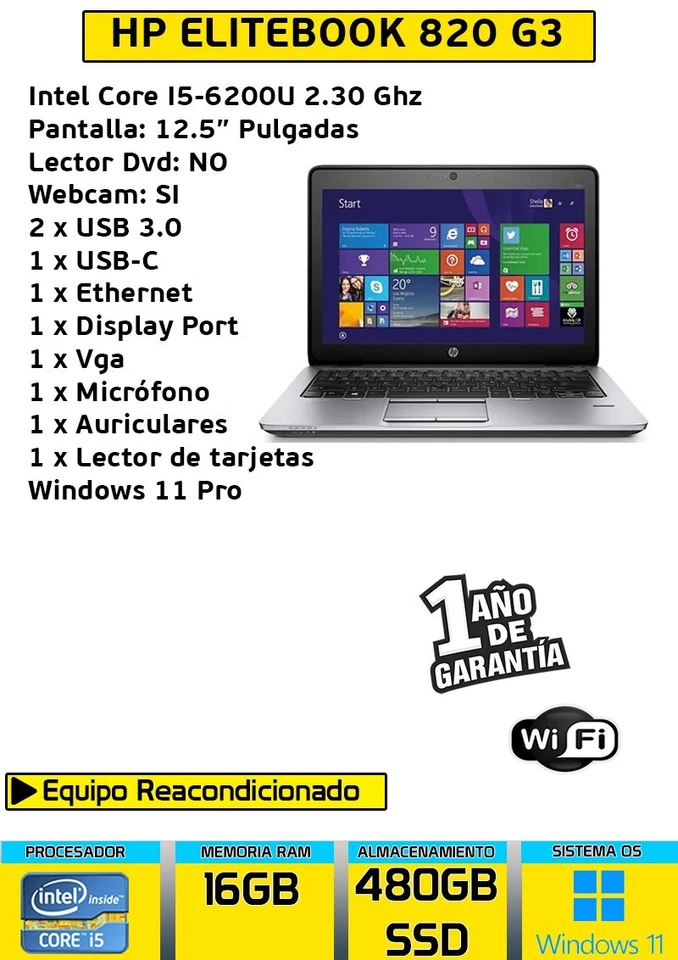 ORDENADOR PORTATIL HP ELITEBOOK 820 G3 CORE I5 16GB RAM 480GB SSD WINDOWS 11 - Imagen 3 de 3