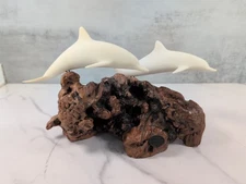 Vintage John Perry 2 Swimming Dolphin Sculpture on Burlwood Base