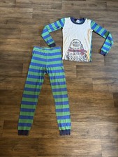 Hanna Andersson Boys Blue Green Striped Yeti 2-Piece Pjs Size 14