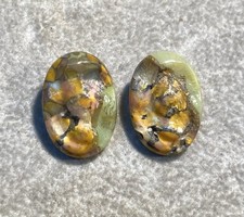 Antique Buttons Leo Popper Set Of 2 Oval Green / Orange Glass Oval 3-4&rdquo;X  9/16&rdquo;